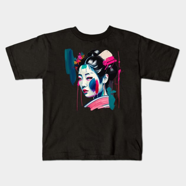 Geisha Girl Head Painting Kids T-Shirt by Ravenglow